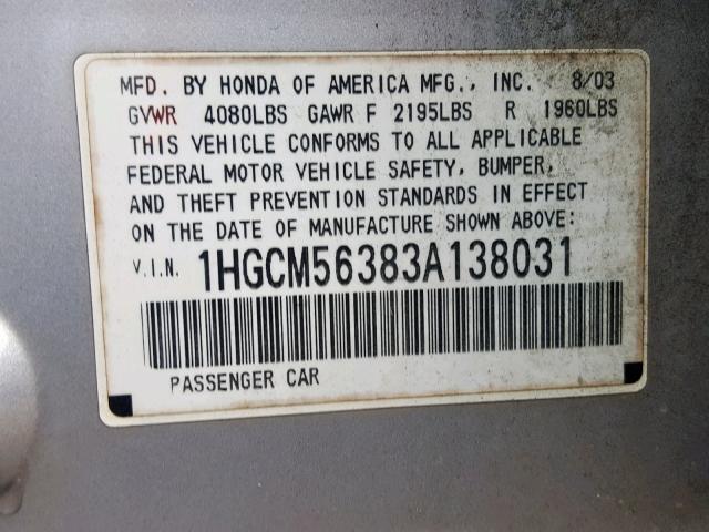 1HGCM56383A138031 - 2003 HONDA ACCORD LX SILVER photo 10