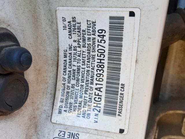 2HGFA16938H507549 - 2008 HONDA CIVIC EXL 白色 照片 10