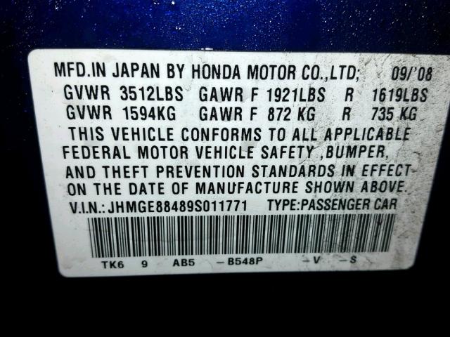 JHMGE88489S011771 - 2009 HONDA FIT SPORT BLUE photo 10