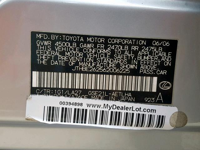 JTHBE262562006225 - 2006 LEXUS IS 350 GRAY photo 10