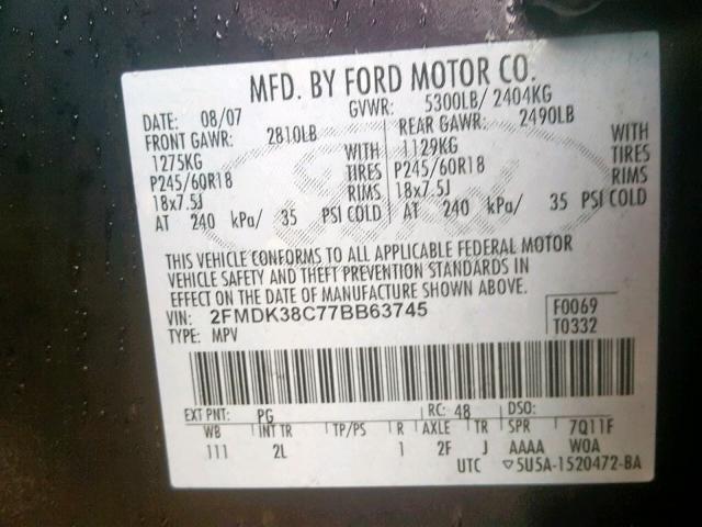 2FMDK38C77BB63745 - 2007 FORD EDGE SEL BLACK photo 10