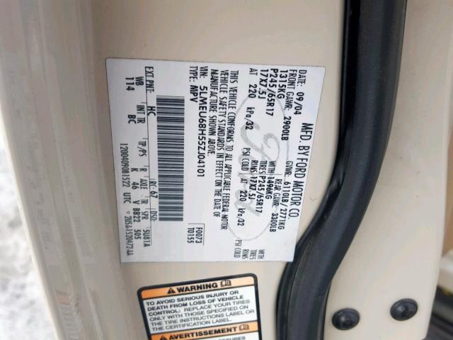 5LMEU68H55ZJ04101 - 2005 LINCOLN AVIATOR 奶油色 照片 10