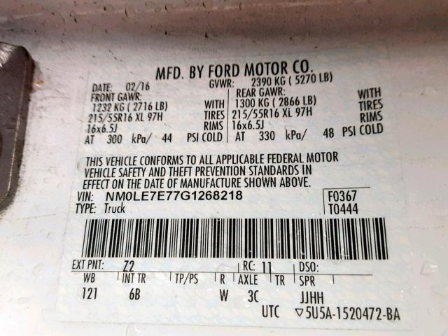 NM0LE7E77G1268218 - 2016 FORD TRANSIT CO WHITE photo 10