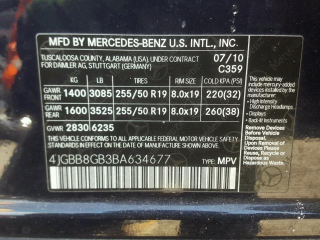 4JGBB8GB3BA634677 - 2011 MERCEDES-BENZ ML 350 4MA BLUE photo 10