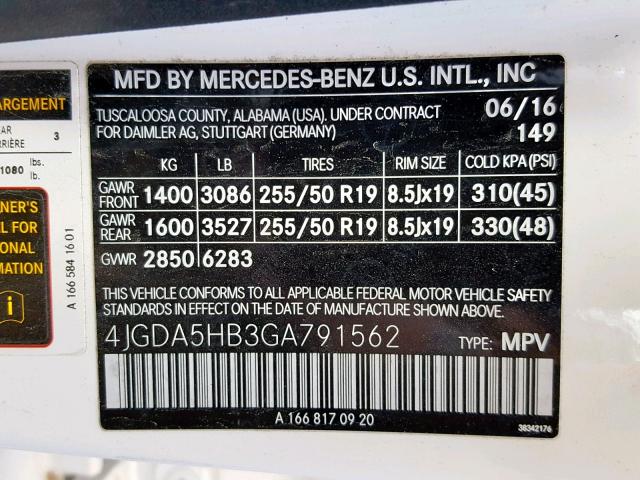 4JGDA5HB3GA791562 - 2016 MERCEDES-BENZ GLE 350 4M WHITE photo 10