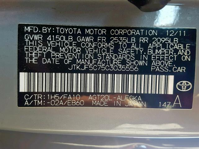 JTKJF5C75C3035556 - 2012 TOYOTA SCION TC GRAY photo 10