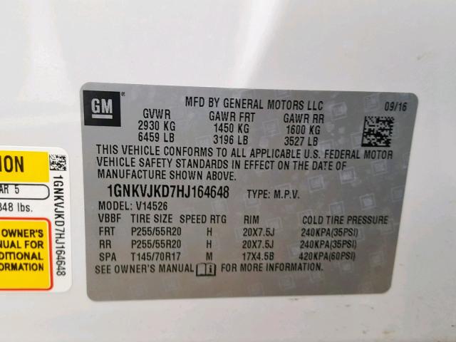 1GNKVJKD7HJ164648 - 2017 CHEVROLET TRAVERSE P WHITE photo 10