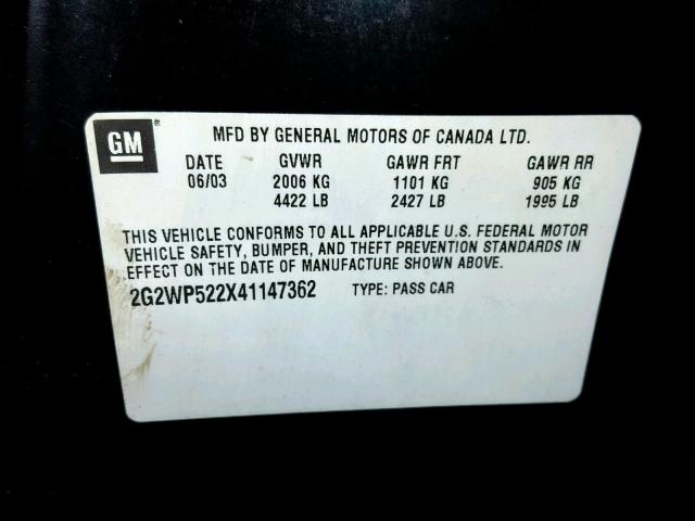 2G2WP522X41147362 - 2004 PONTIAC GRAND PRIX BLACK photo 10