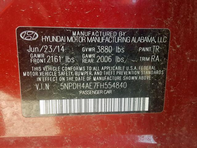 5NPDH4AE7FH554840 - 2015 HYUNDAI ELANTRA SE RED photo 10