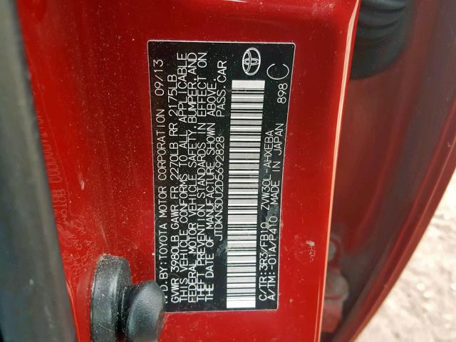 JTDKN3DU2D5692828 - 2013 TOYOTA PRIUS RED photo 10