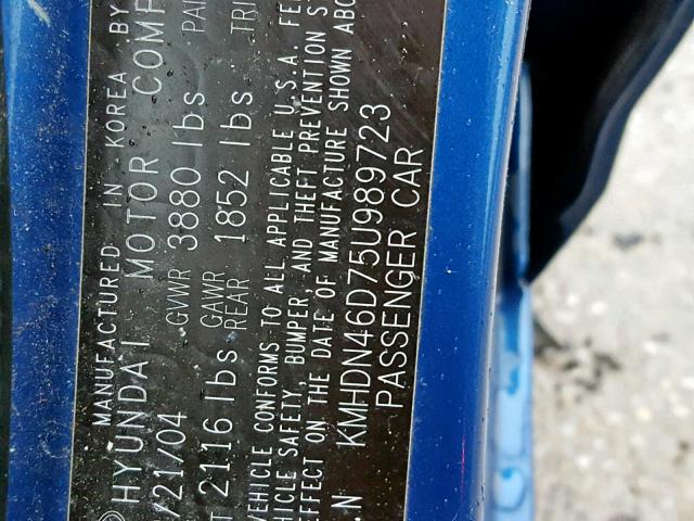 KMHDN46D75U989723 - 2005 HYUNDAI ELANTRA GL BLUE photo 10