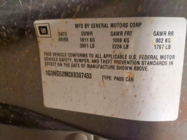 1G3NG52M0X6307433 - 1999 OLDSMOBILE CUTLASS GL GRAY photo 10