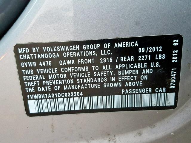 1VWBH7A31DC033304 - 2013 VOLKSWAGEN PASSAT SE GRAY photo 10