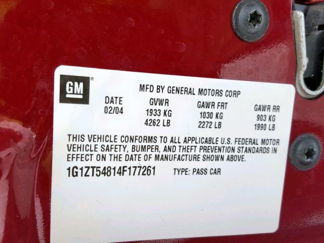 1G1ZT54814F177261 - 2004 CHEVROLET MALIBU LS RED photo 10