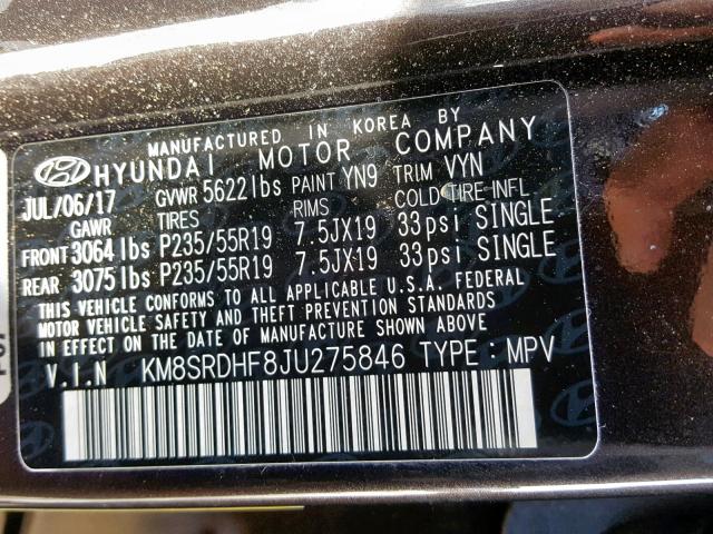 KM8SRDHF8JU275846 - 2018 HYUNDAI SANTA FE S BLACK photo 10