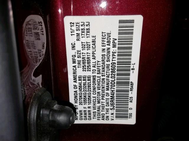 5J6RM4H70DL028609 - 2013 HONDA CR-V EXL BURGUNDY photo 10