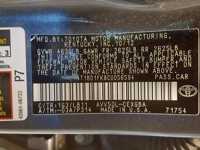 4T1BD1FK8CU056594 - 2012 TOYOTA CAMRY HYBR GRAY photo 10