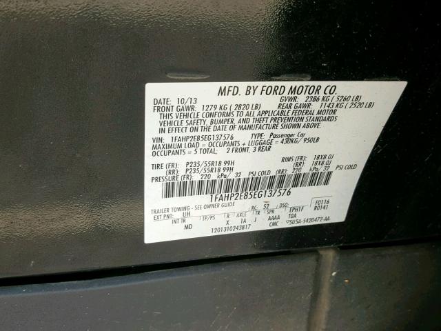 1FAHP2E85EG137576 - 2014 FORD TAURUS SEL BLACK photo 10