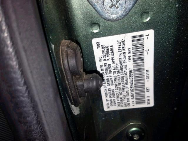 5J6YH28543L035967 - 2003 HONDA ELEMENT EX GREEN photo 10