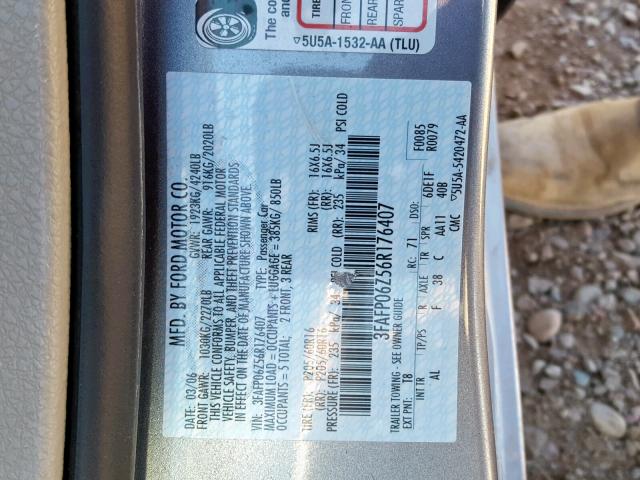 3FAFP06Z56R176407 - 2006 FORD FUSION S GRAY photo 10