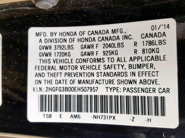 2HGFG3B00EH507957 - 2014 HONDA CIVIC EXL BLACK photo 10