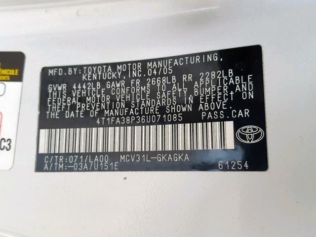 4T1FA38P36U071085 - 2006 TOYOTA CAMRY SOLA WHITE photo 10