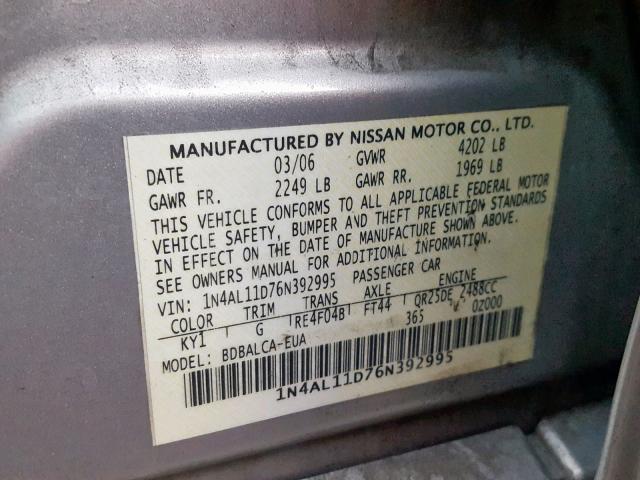 1N4AL11D76N392995 - 2006 NISSAN ALTIMA S SILVER photo 10