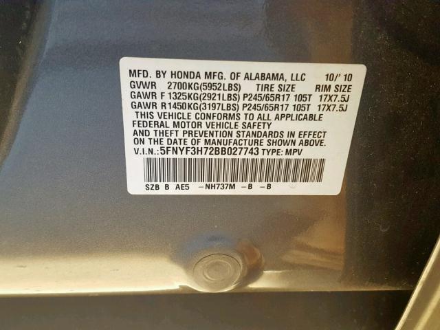 5FNYF3H72BB027743 - 2011 HONDA PILOT EXLN GRAY photo 10