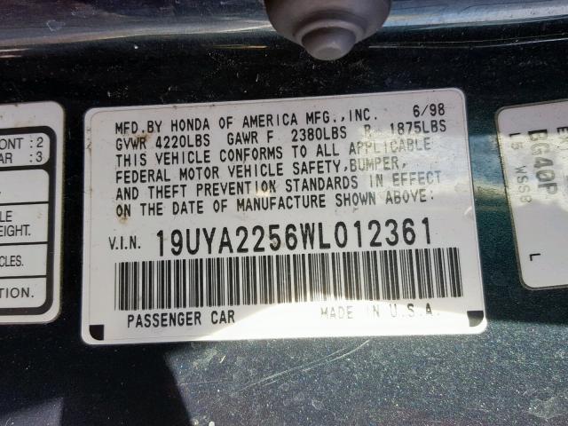 19UYA2256WL012361 - 1998 ACURA 3.0CL Կանաչ լուսանկար 10