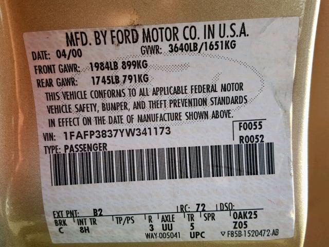 1FAFP3837YW341173 - 2000 FORD FOCUS ZTS BROWN photo 10