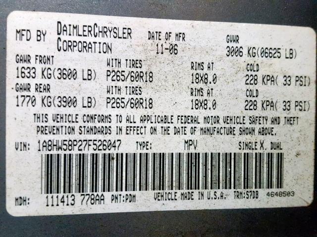 1A8HW58P27F526047 - 2007 CHRYSLER ASPEN LIMI 灰色 照片 10