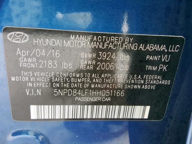 5NPD84LF1HH051166 - 2017 HYUNDAI ELANTRA BLUE photo 10