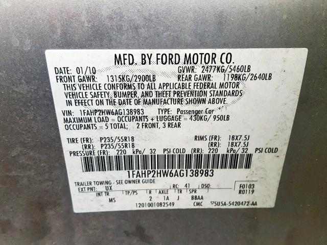 1FAHP2HW6AG138983 - 2010 FORD TAURUS SEL SILVER photo 10