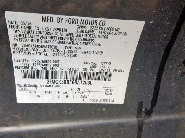 2FMGK5B85GBA12030 - 2016 FORD FLEX SE BLACK photo 10