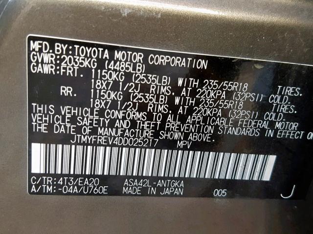 JTMYFREV4DD025217 - 2013 TOYOTA RAV4 LIMIT GRAY photo 10