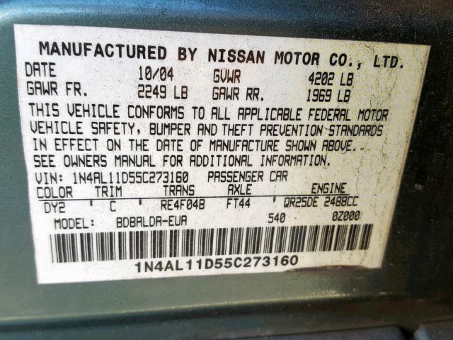 1N4AL11D55C273160 - 2005 NISSAN ALTIMA S GREEN photo 10