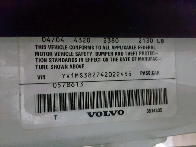 YV1MS382742022455 - 2004 VOLVO S40 2.4I WHITE photo 10