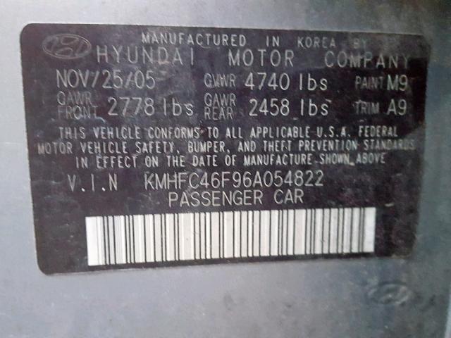 KMHFC46F96A054822 - 2006 HYUNDAI AZERA SE GRAY photo 10