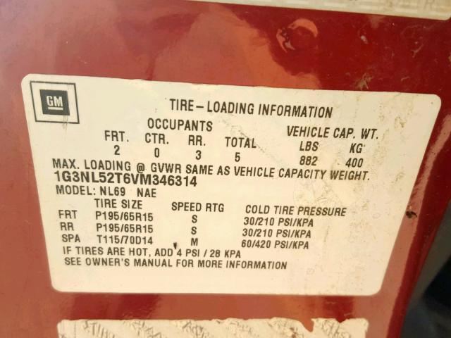 1G3NL52T6VM346314 - 1997 OLDSMOBILE ACHIEVA SL MAROON photo 10