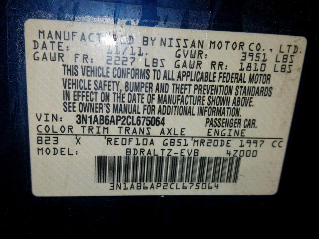 3N1AB6AP2CL675064 - 2012 NISSAN SENTRA 2.0 BLUE photo 10