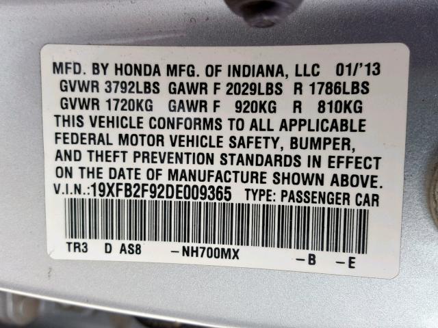 19XFB2F92DE009365 - 2013 HONDA CIVIC EXL SILVER photo 10