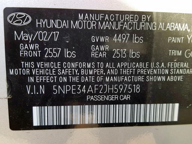 5NPE34AF2JH597518 - 2018 HYUNDAI SONATA SPO SILVER photo 10