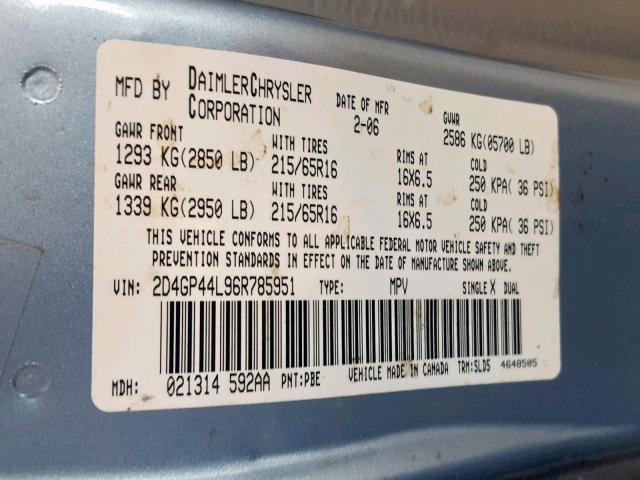 2D4GP44L96R785951 - 2006 DODGE GRAND CARA BLUE photo 10