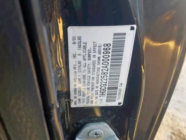 1HGCG22582A000968 - 2002 HONDA ACCORD EX BLACK photo 10