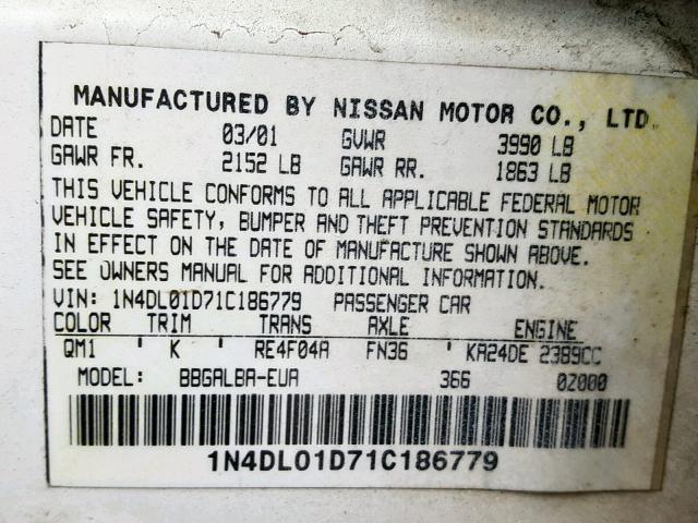 1N4DL01D71C186779 - 2001 NISSAN ALTIMA XE WHITE photo 10