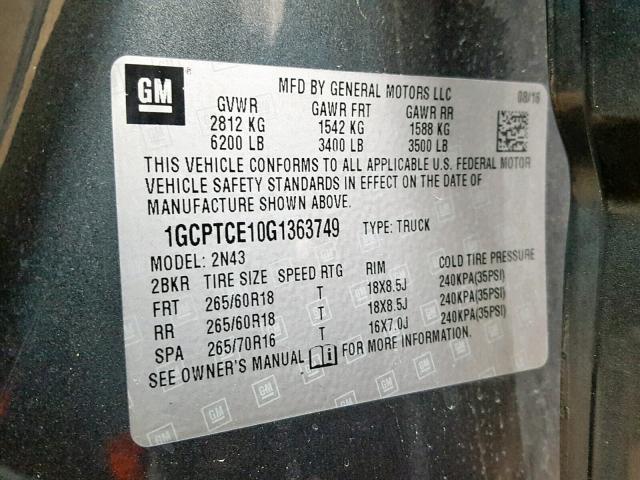 1GCPTCE10G1363749 - 2016 CHEVROLET COLORADO L GRAY photo 10