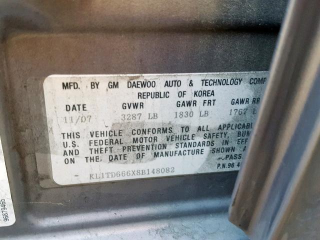 KL1TD666X8B148082 - 2008 CHEVROLET AVEO BASE Сұр фото 10