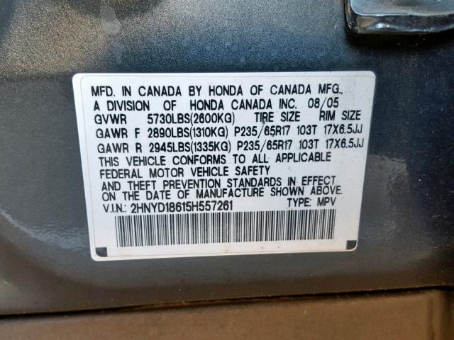 2HNYD18615H557261 - 2005 ACURA MDX TOURIN CHARCOAL photo 10