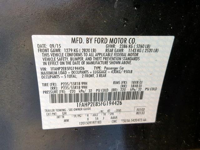 1FAHP2E85FG194426 - 2015 FORD TAURUS SEL BLACK photo 10