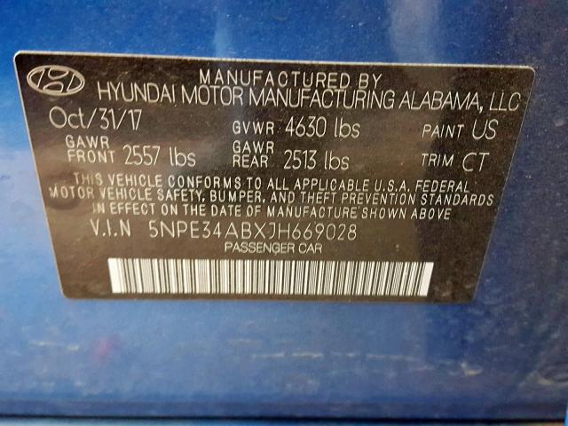 5NPE34ABXJH669028 - 2018 HYUNDAI SONATA SPO BLUE photo 10